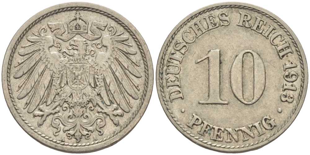 ГЕРМАНИЯ 10 ПФЕННИГОВ 1913 A KM 12, J. 13 медно-никель 33-714