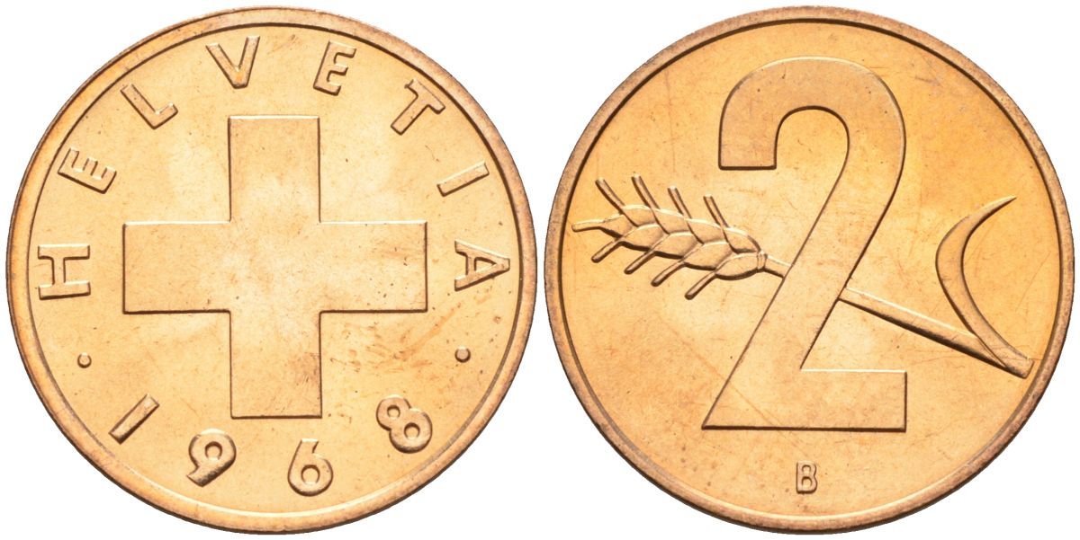 Швейцария 2 раппена 1968 В KM 47 бронза UNC 4575-1033