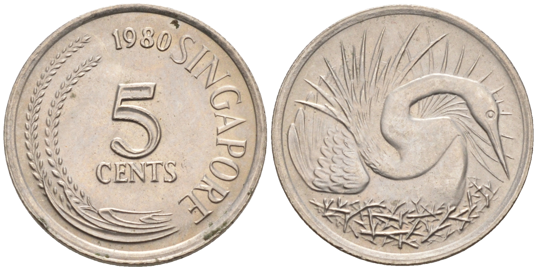 Сингапур 5 центов 1980 большая белая цапля KM 2 медно-никель UNC 4588-316