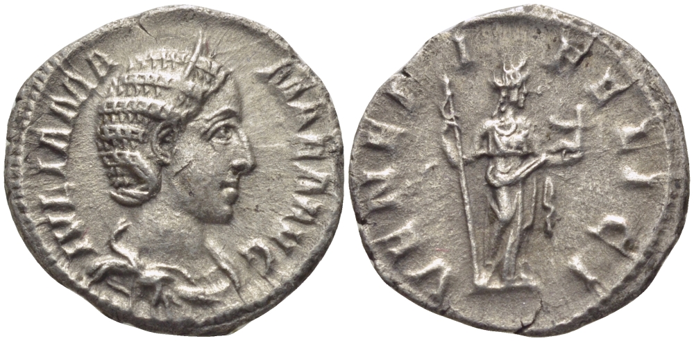 Римская Империя денарий 224 Юлия Мамея, мать Александра Севера VENERI FELICI, Венера, держащая ребенка, Рим Good Very fine RIC 351 серебро 1073-15-71