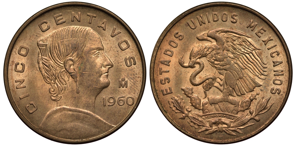 Мексика 5 сентаво 1960 Жозефа Ортис де Домингес KM 426 латунь XF- 3334-543