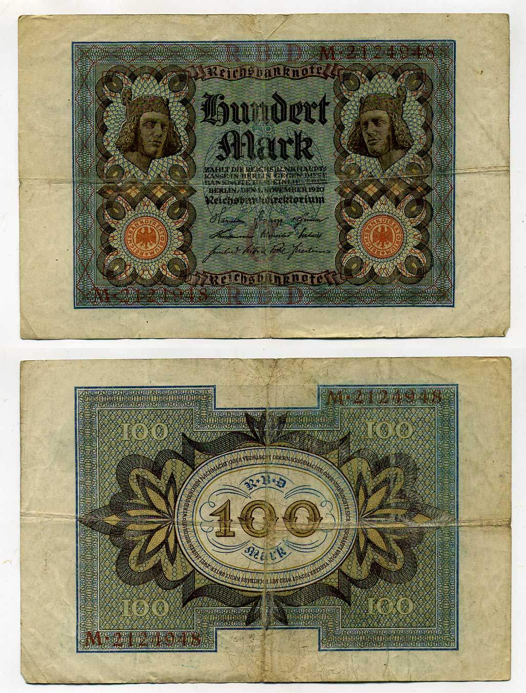 Германия 100 марок 1920 Бамбергский всадник, 7 цифр в номере Pick 69 a, Розенберг 67а  бумага 8619-33-2-2