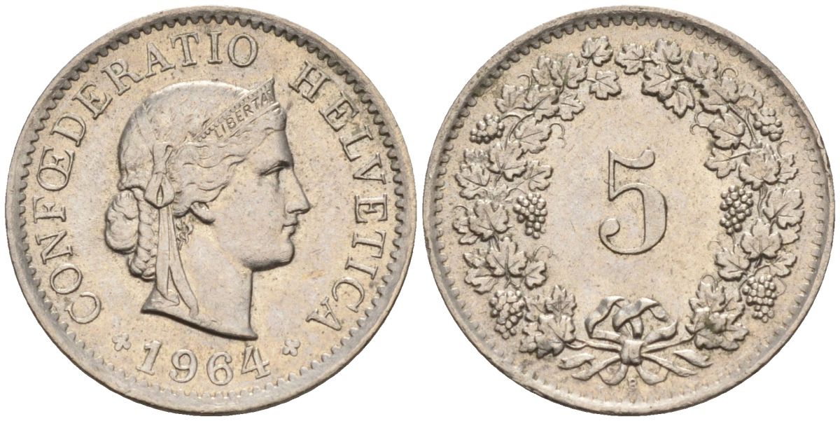 Швейцария 5 раппенов 1964 В KM 26 медно-никель 4594-619