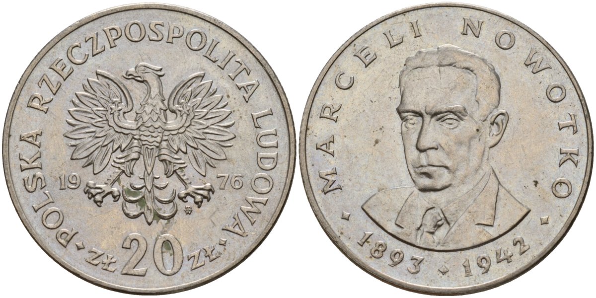 Польша 20 злотых 1976 MW, Марцелий Новотко KM 69, Parchimowicz 246c медно-никель 4157-1026
