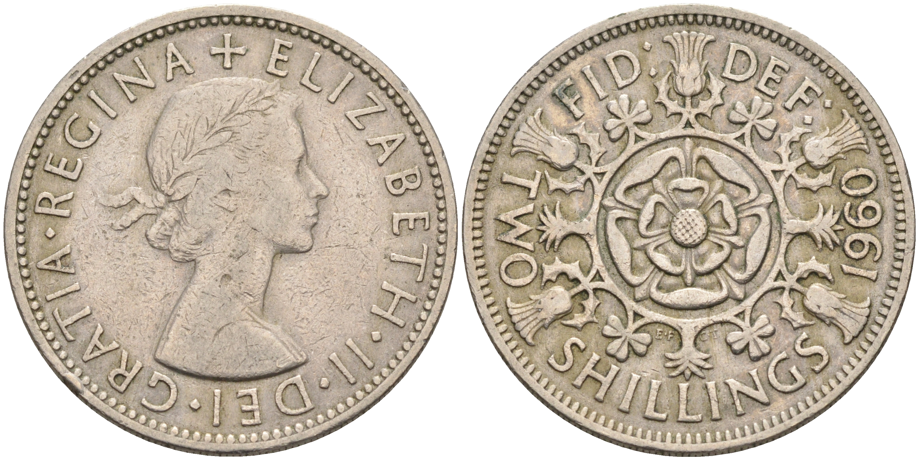 Великобритания 2 шиллинга (флорин) 1960 Елизавета II (1952-2022) KM 906, Spink 4146 медно-никель    4117-424