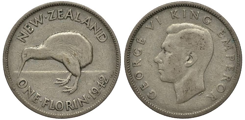 Новая Зеландия 1 флорин 1942 Георг VI (1936-1952), птичка киви KM 10.1 серебро 272-1533