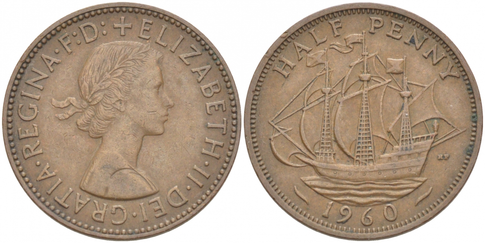 Великобритания 1/2 пенни 1960 Елизавета II (1952-2022) KM 896, Spink 4158 бронза 212-1225