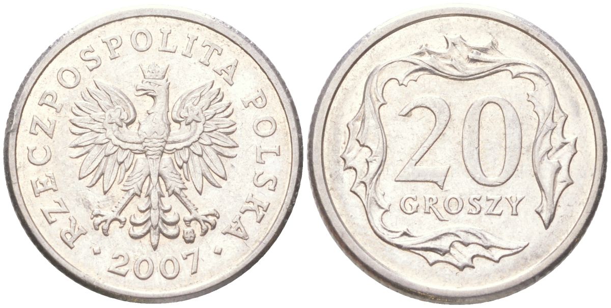 Польша 20 грошей 2007 Y 280 медно-никель UNC 4614-331