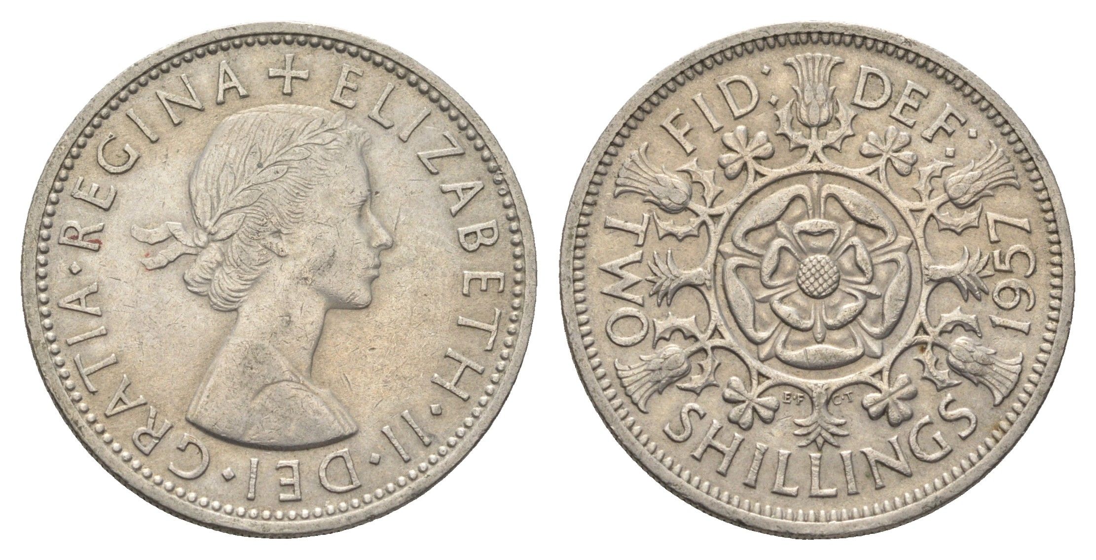 Великобритания 2 шиллинга (флорин) 1957 Елизавета II (1952-2022) KM 906, Spink 4146 медно-никель 4663-313