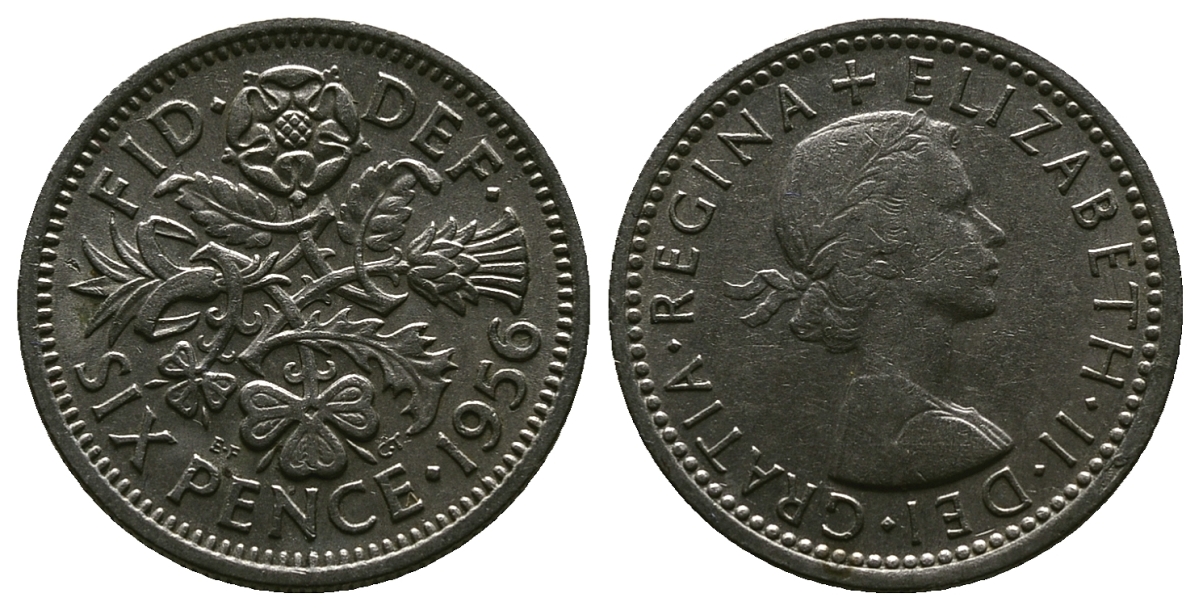 Великобритания 6 пенсов 1956 Елизавета II (1952-2022) KM 903, Spink 4149 медно-никель 4381-655