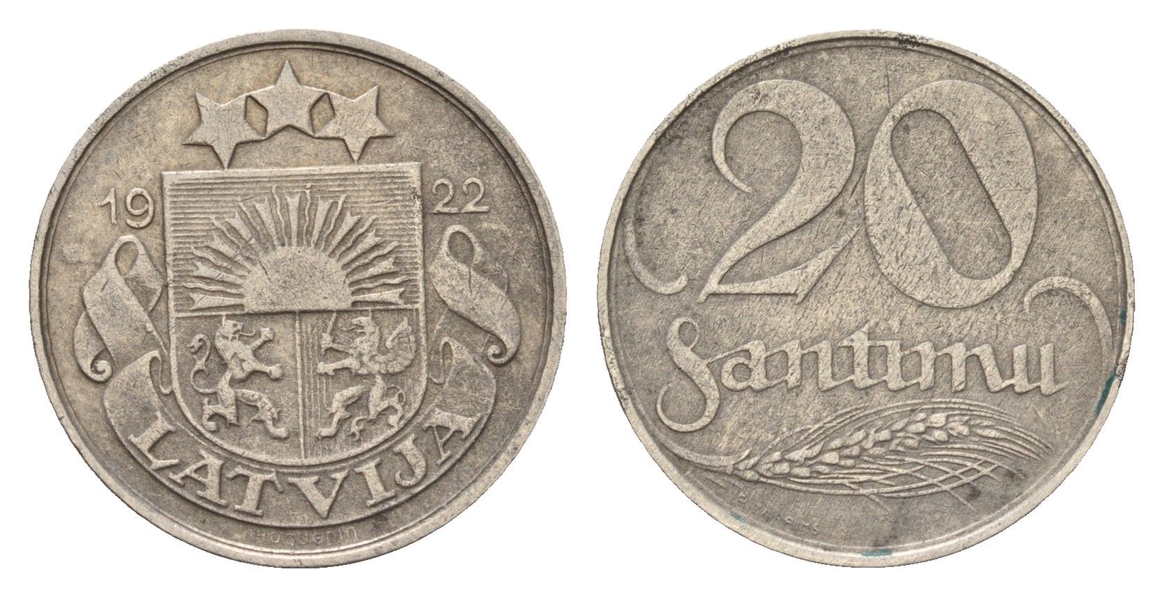 Латвия 20 сантимов 1922 год-тип KM 5 никель 4685-1141