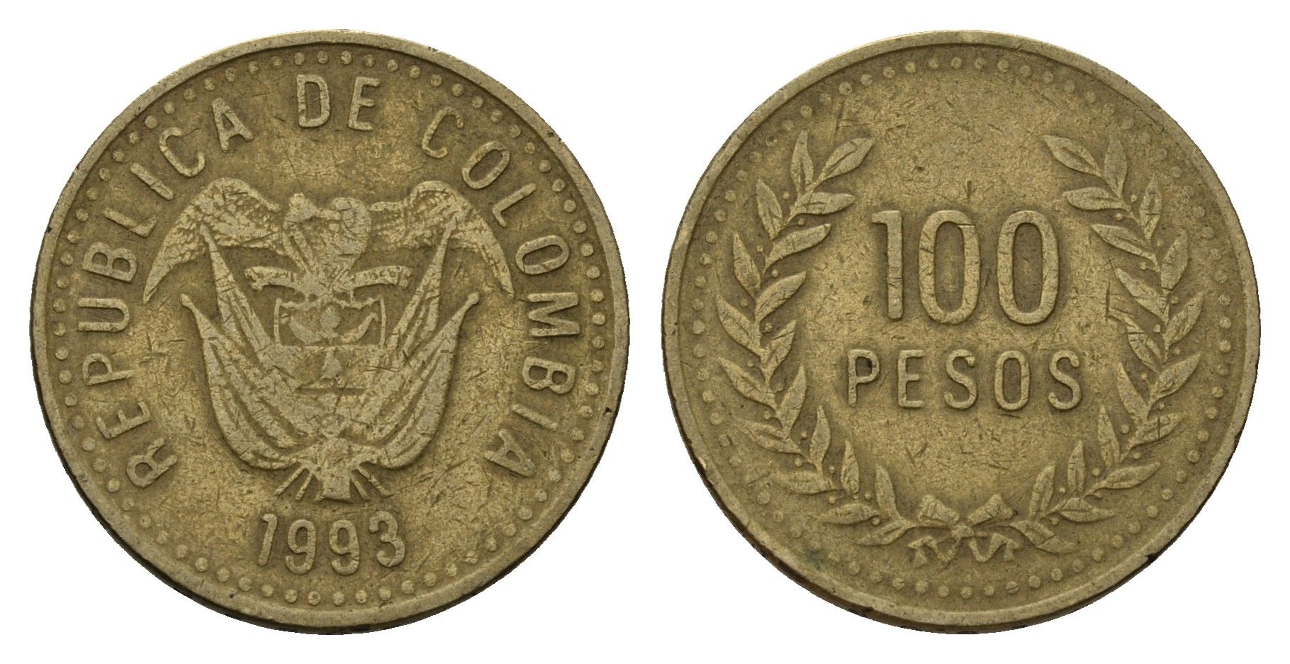 Колумбия 100 песо 1993 KM 285 латунь 4539-1131