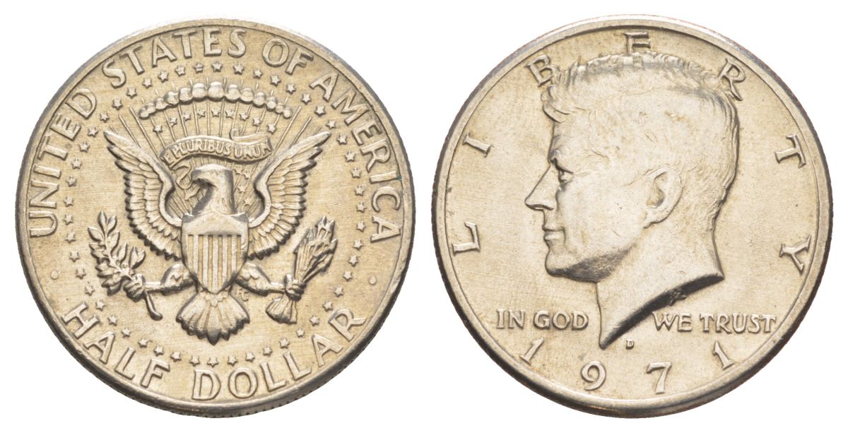 США 1/2 доллара (50 центов) 1971 D, Джон Кеннеди KM 202b медь плакированная медно-никелем aUNC 82-834