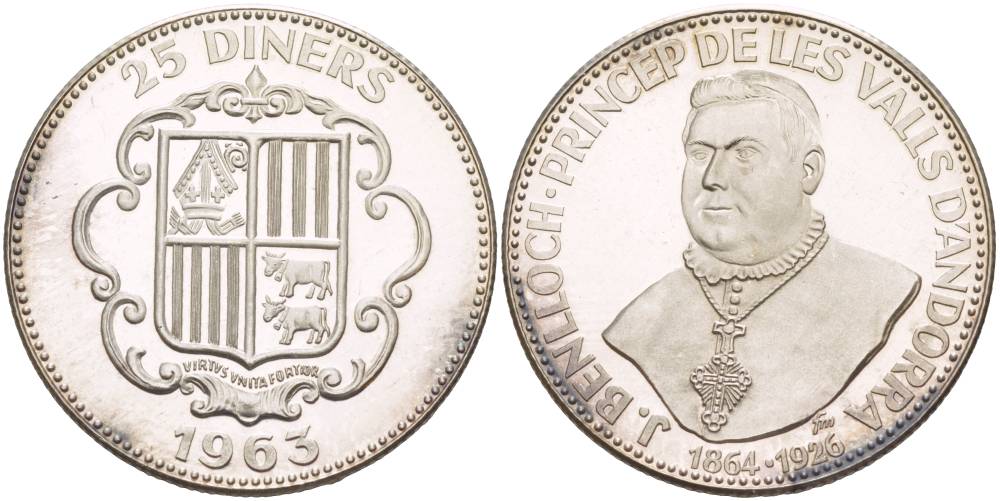 Андорра 25 динеров 1963 кардинал Хуан Батиста Бенльок-и-Виво (1864-1926), тираж 1350 экземпляров, с обозначением монетного двора под бюстом KM X 7, Bruce 7 серебро PROOF 4044-1134