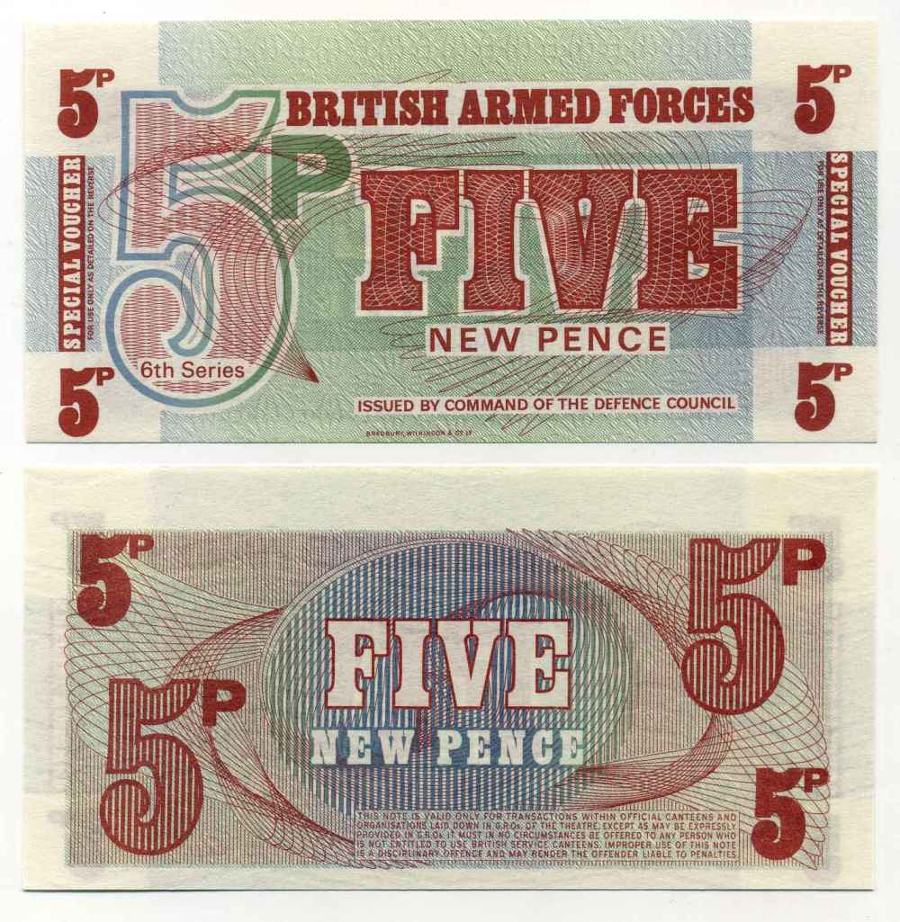АНГЛИЯ 5 ПЕНСОВ 1972 ДЛЯ ВООРУЖЕННЫХ СИЛ, 6 СЕРИЯ, BRADBURY WILKJSON @ Co Pick М44 бумага UNC (ПРЕСС) 8589-46-2-2