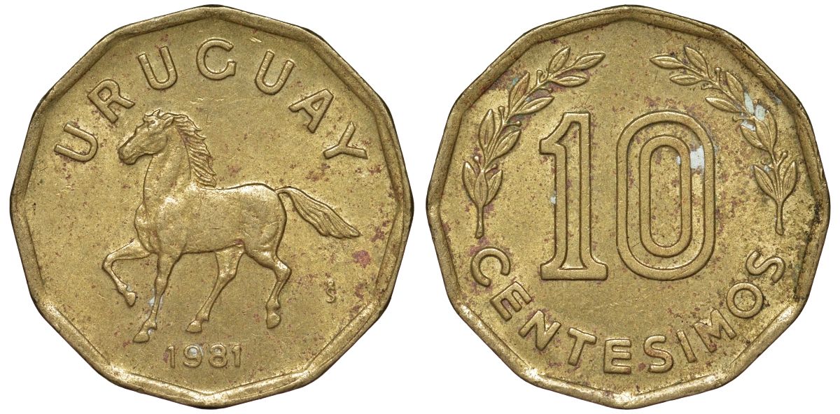 Уругвай 10 сентесимо 1981 KM 66 алюминиевая бронза 4169-463