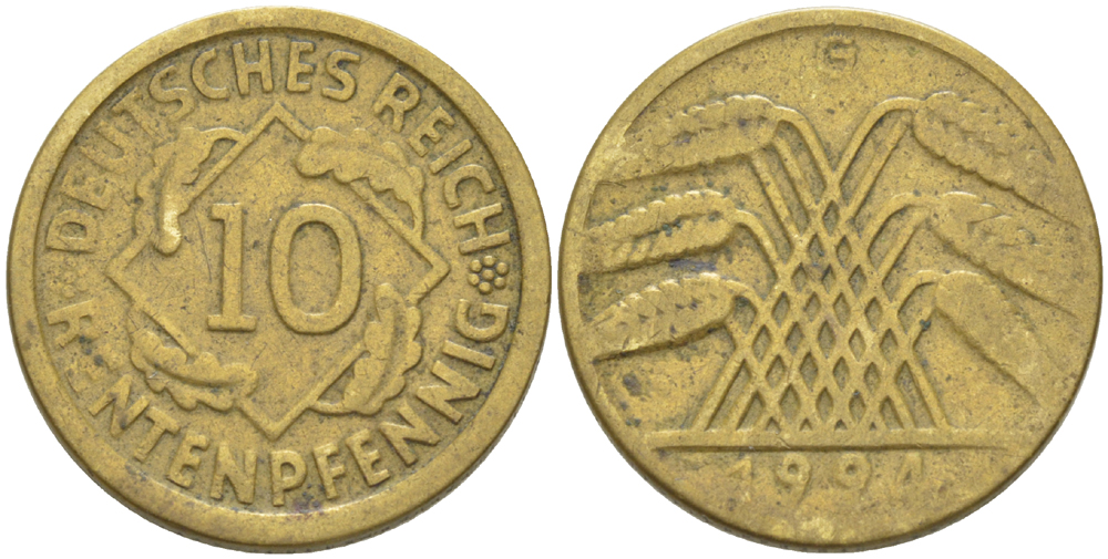 Германия 10 рентенпфеннигов 1924 G KM 33, J. 309, Weege 8 алюминиевая бронза 4182-712