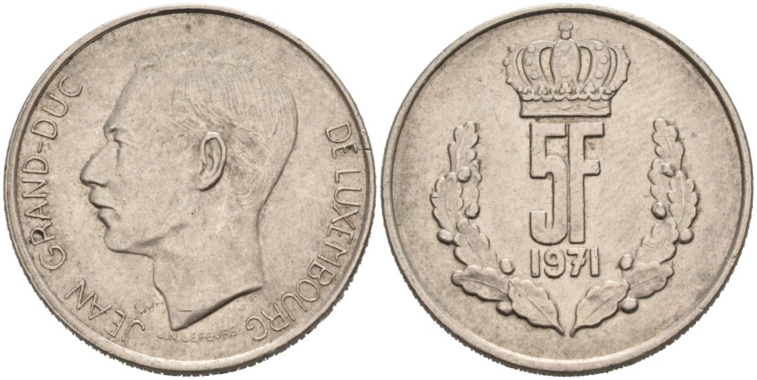 Люксембург 5 франков 1971 Великий герцог Жан (1964-2000) KM 56 медно-никель 4571-443