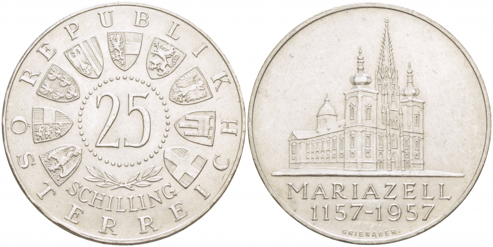 Австрия 25 шиллингов 1957 800 лет Базилике Мариацелля KM 2883 серебро 4403-611