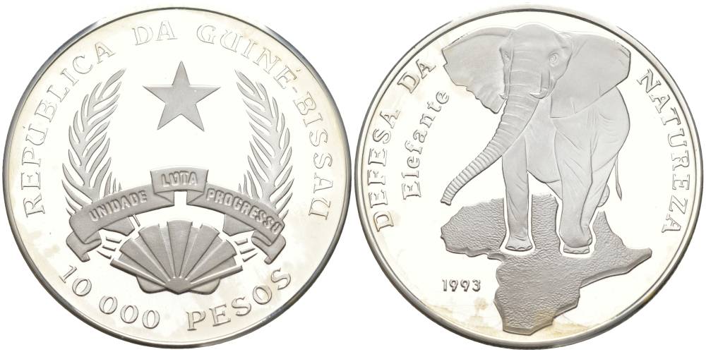 Гвинея-Бисау 10000 песо 1993 серия защита окружающей среды, слон KM 31 серебро PROOF 1087-8-31