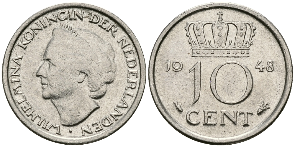 Нидерланды 10 центов 1948 Вильгельмина (1895-1948) KM 177 никель 96-528