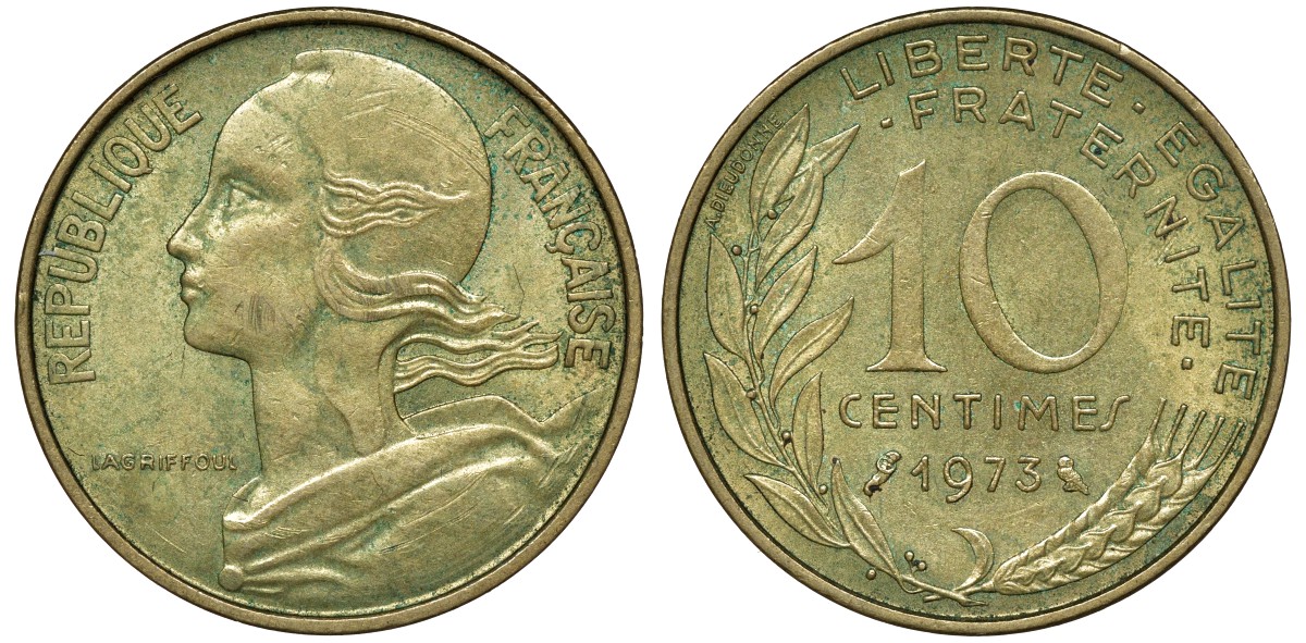 ФРАНЦИЯ 10 САНТИМОВ 1973 ТИП MARIANNE KM 929 медь алюминий никель 72-1345