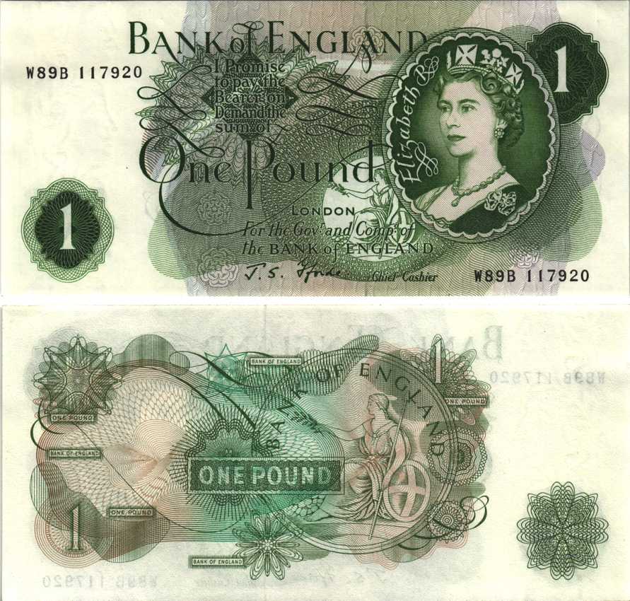 АНГЛИЯ 1 ФУНТ 1966-1970 ПОДПИСЬ J.S. FLORDE Pick 374e бумага aUNC 7218-66-1