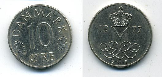 ДАНИЯ 10 ЭРЕ 1977 S; B, МАРГРЕТЕ II (1972-) KM 860.1 медно-никель 54-1155