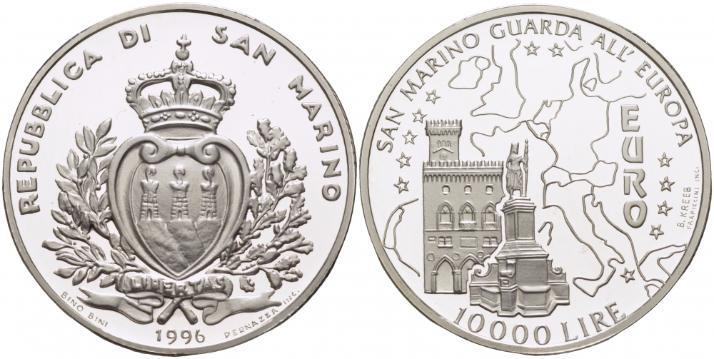 Сан-Марино 10000 лир 1996 Европарламент и карта KM 342 серебро PROOF 1077-9-43