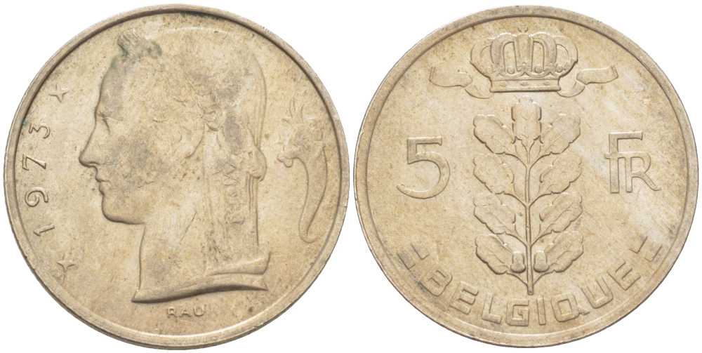 БЕЛЬГИЯ 5 ФРАНКОВ 1973 BELGIQUE, БОДУЭН I (1951-1993) KM 134.1 медно-никель 202-1251