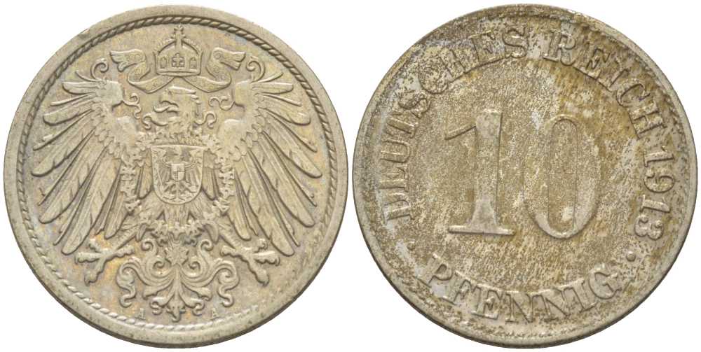 ГЕРМАНИЯ 10 ПФЕННИГОВ 1913 A KM 12, J. 13, Weege 8 медно-никель 212-232