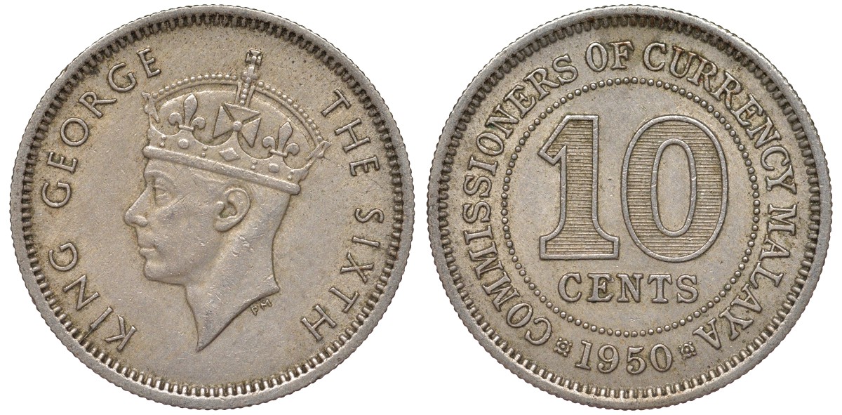 Британская Малайя 10 центов 1950 Георг VI (1937-1952) KM 8 медно-никель 4164-342