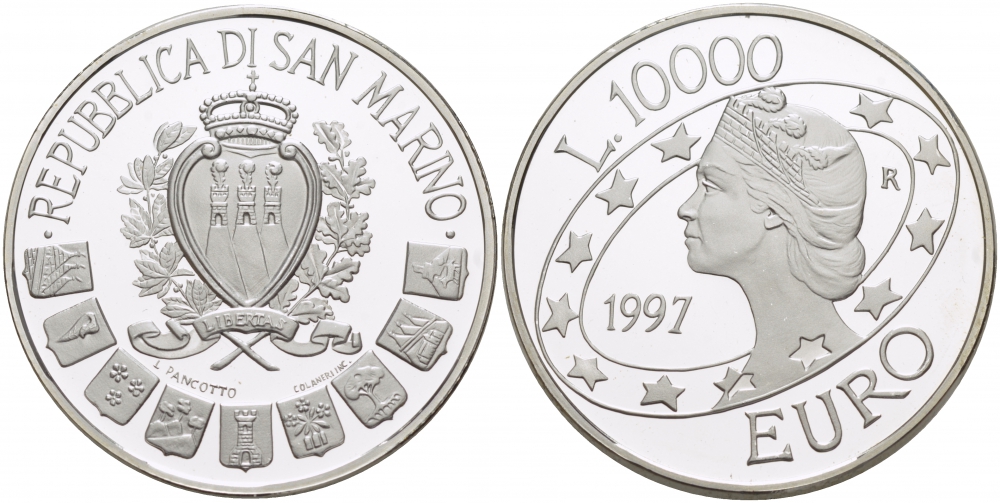 Сан-Марино 10000 лир 1997 Европейский союз "Либертас" KM 372 серебро PROOF 02-227-15