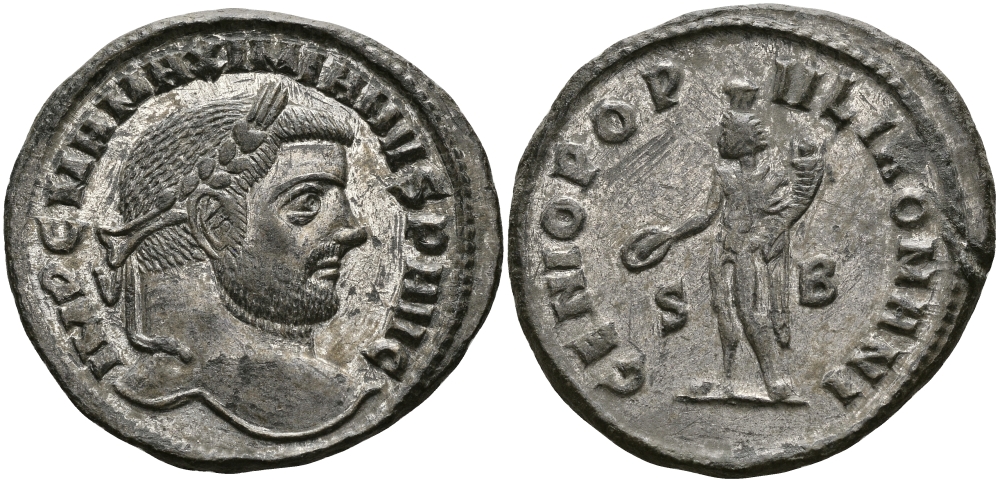 Римская Империя нуммий 294 Максимиан Геркулий GENIO POPVLI ROMANI Сисция about Extremely fine RIC 77 биллон, серебрение 1073-8-51