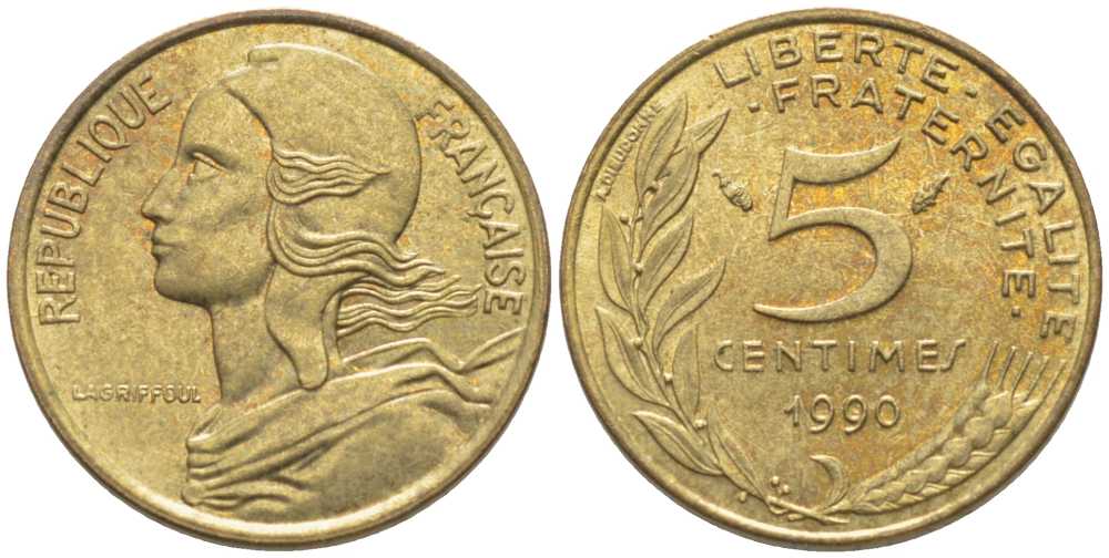 ФРАНЦИЯ 5 САНТИМОВ 1990 ТИП MARIANNE KM 933, LE FRANC 125.26 медь алюминий никель 116-456