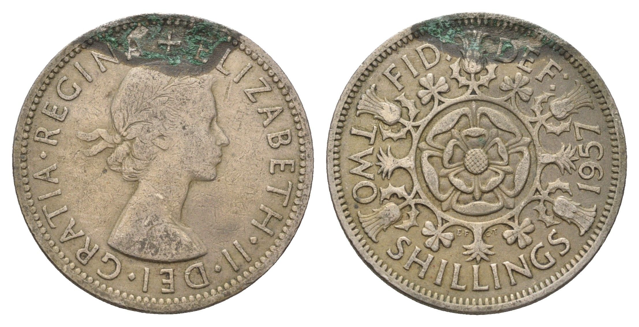 Великобритания 2 шиллинга (флорин) 1957 Елизавета II (1952-2022) KM 906, Spink 4146 медно-никель 4139-145