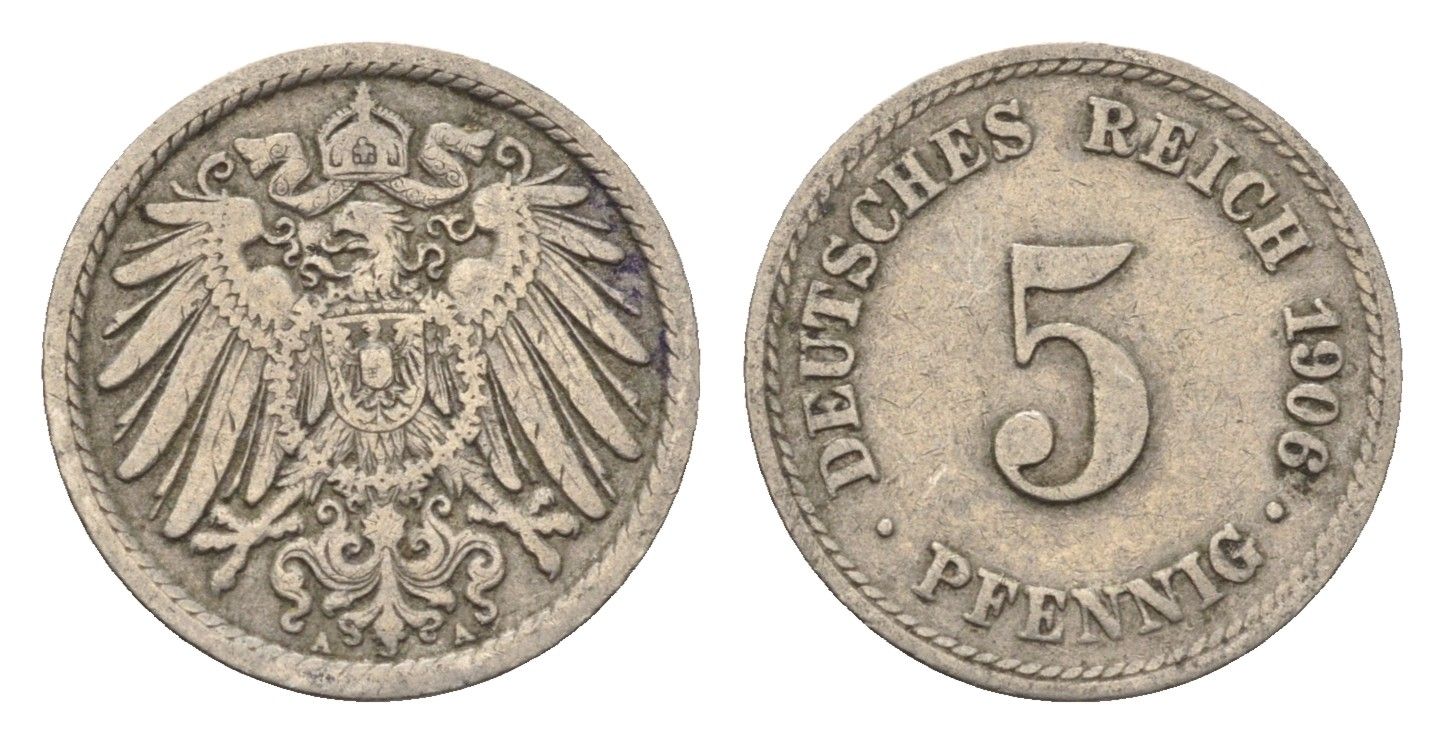 Германия 5 пфеннигов 1906 A KM 11, J. 12 медно-никель 4696-632
