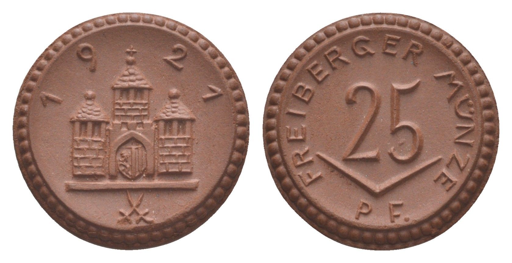 Фрайберг 25 пфеннигов 1921 Men05 8084.5, Men18 10080.5, Scheuch 117 фарфор 1094-9-65