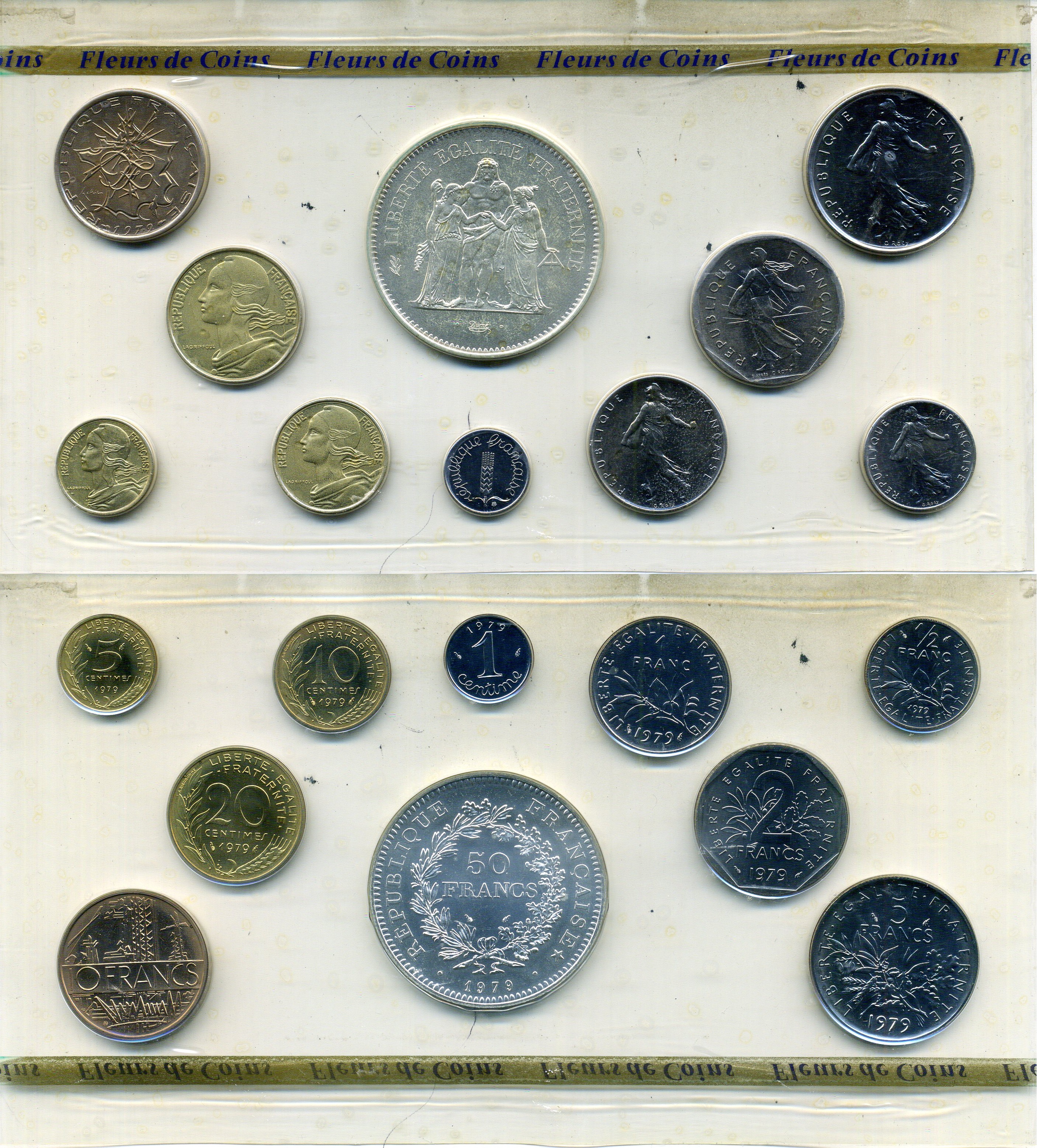 Франция официальный набор из 9 монет (1, 5, 10, 20 сантимов; 1/2, 1, 5, 10 и 50 франков) 1979 в оригинальной упаковке, с сертификатом KM SS 16 (925.1, 926a.1, 928, 929, 930, 931.1, 933, 940 и 941.1) BU 1-4-1-04