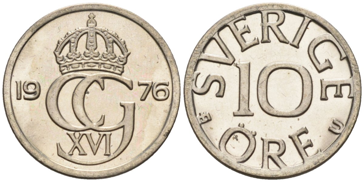 Швеция 10 эре 1976 Карл XVI Густав (1973- ), в лаке KM 850 медно-никель 4585-416