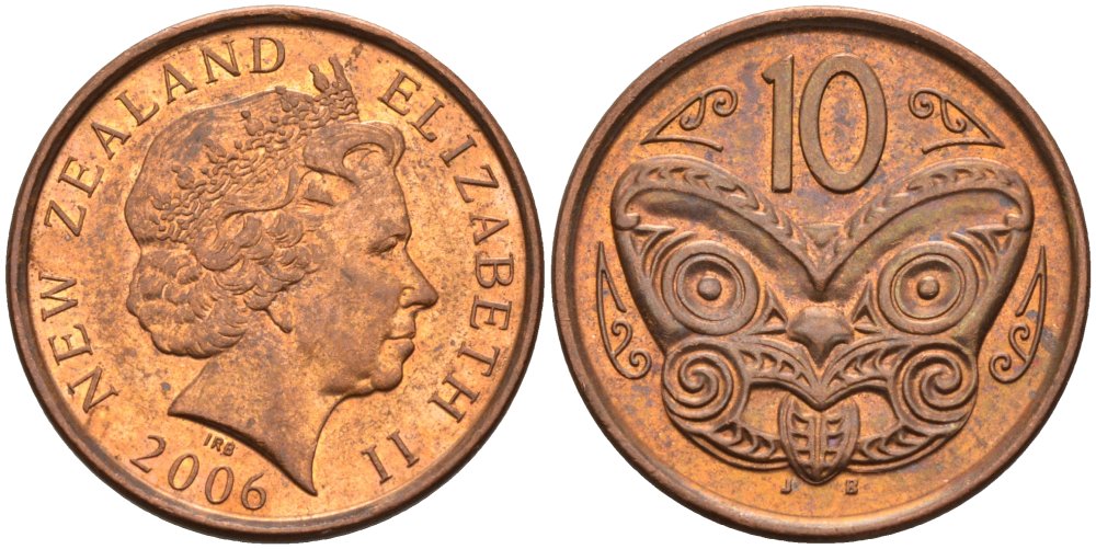 Новая Зеландия 10 центов 2006 Елизавета II (1952-2022), маска маори KM 117а сталь плакированная медью 106-1041