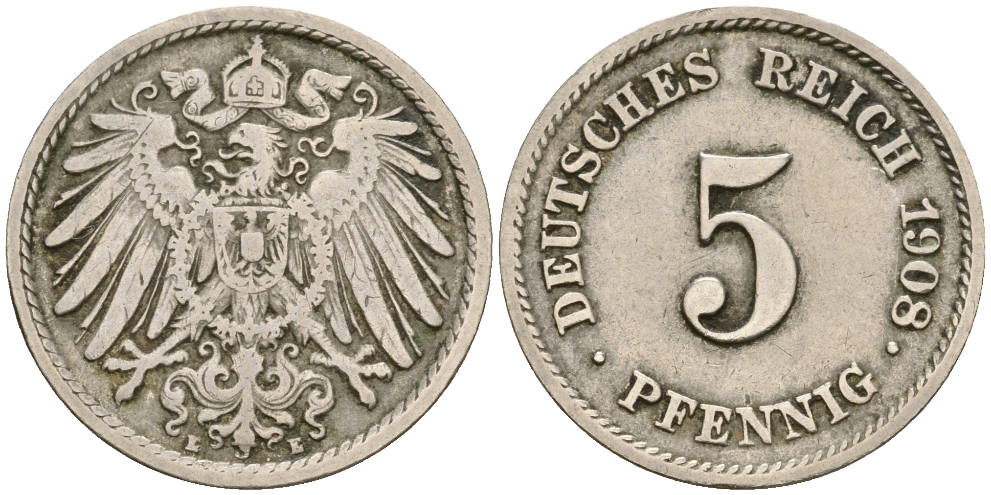 Германия 5 пфеннигов 1908 E KM 11, Jager 12, Weege 6 медно-никель 4364-1747