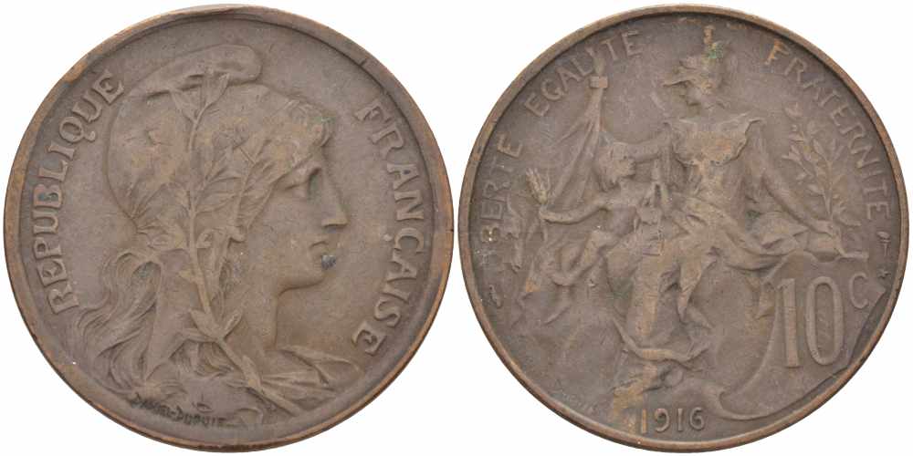 ФРАНЦИЯ 10 САНТИМОВ 1916 ТИП ДАНИЭЛЬ ДЮПЮИ, INCLUS KM 843, LA FRANC 136.28 бронза 109-414