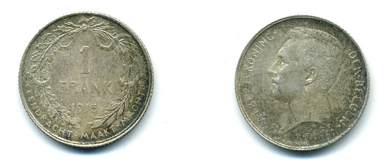 Бельгия 1 франк 1913 Альберт I (1909-1934), Der Belgen KM 73.1 серебро 86-922