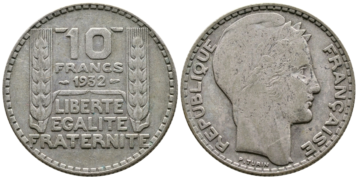 Франция 10 франков 1932 Пьер Тюрен KM 878, Le Franc 360.5 серебро 36-121