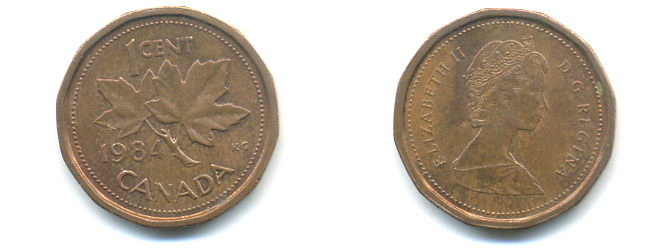 КАНАДА 1 ЦЕНТ 1984 ЕЛИЗАВЕТА II, КЛЕНОВЫЙ ЛИСТ KM 132 бронза 177-1413
