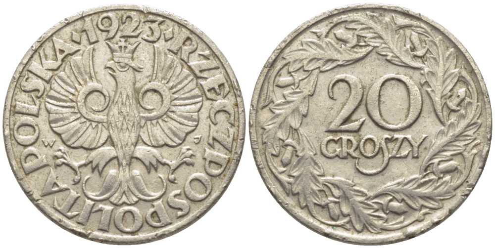 ПОЛЬША 20 ГРОШЕЙ 1923 KM 12 никель 112-623