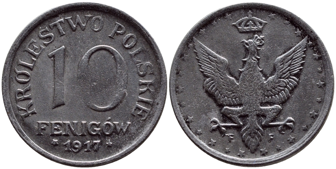 ПОЛЬША 10 ФЕНИГОВ 1917 FF, ПЕРВАЯ МИРОВАЯ ВОЙНА, НЕМЕЦКАЯ ОККУПАЦИЯ, ЛЕГЕНДА НЕ КАСАЕТСЯ КРАЯ KM 6 железо 26-247