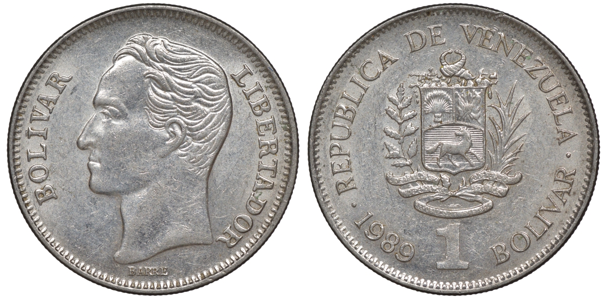 Венесуэла 1 боливар 1989 жирный шрифт Y 52a.1 сталь плакированная никелем 4606-526