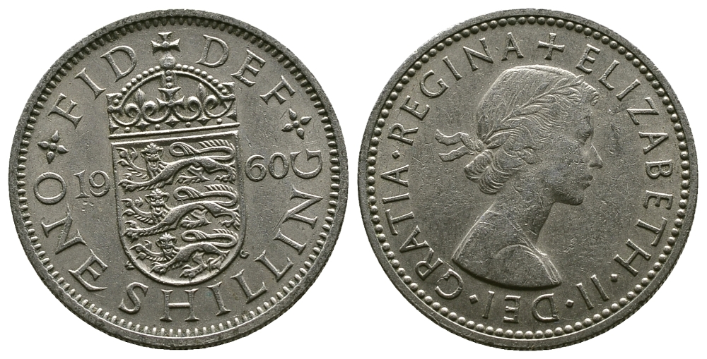 Великобритания 1 шиллинг 1960 Елизавета II (1952-2022), Английский герб KM 904, Spink 4147 медно-никель 4384-424